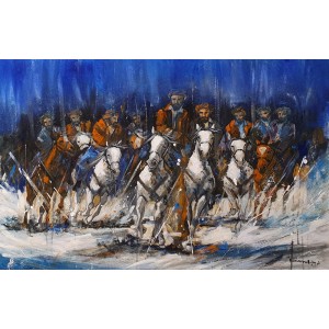 Naeem Rind, 24 x 36 Inch, Acrylic on Canvas, Buzkashi Painting, AC-NAR-031